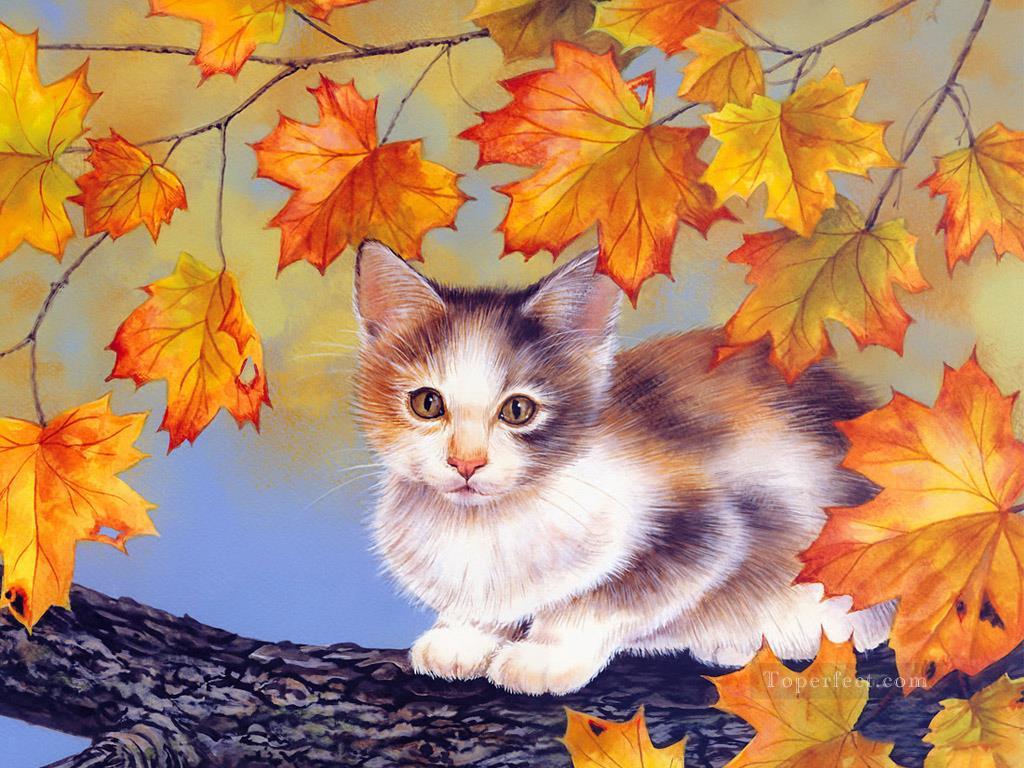 chat avec des feuilles rouges Maday Jane Peintures à l'huile